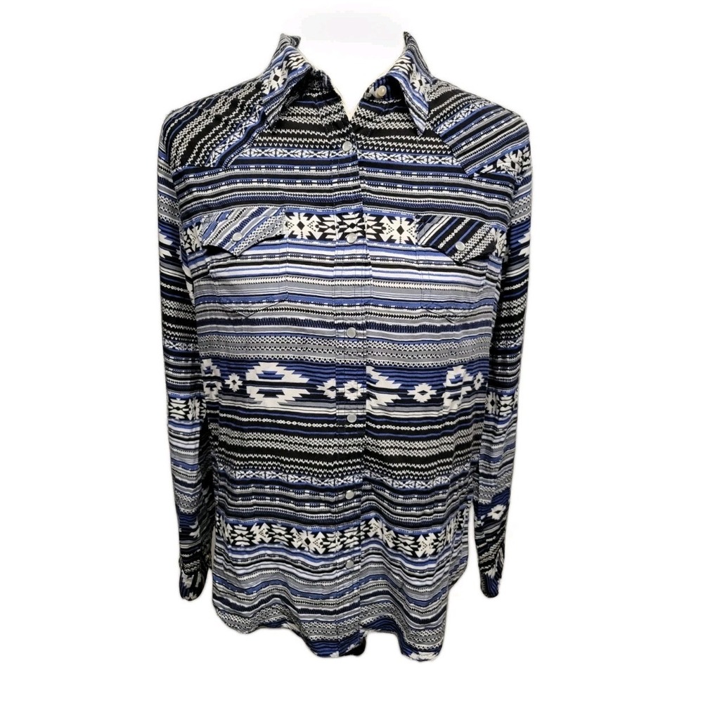Wrangler Womens Western Pearl Snap Shirt Aztec Blue White Cowgirl Yellowstone